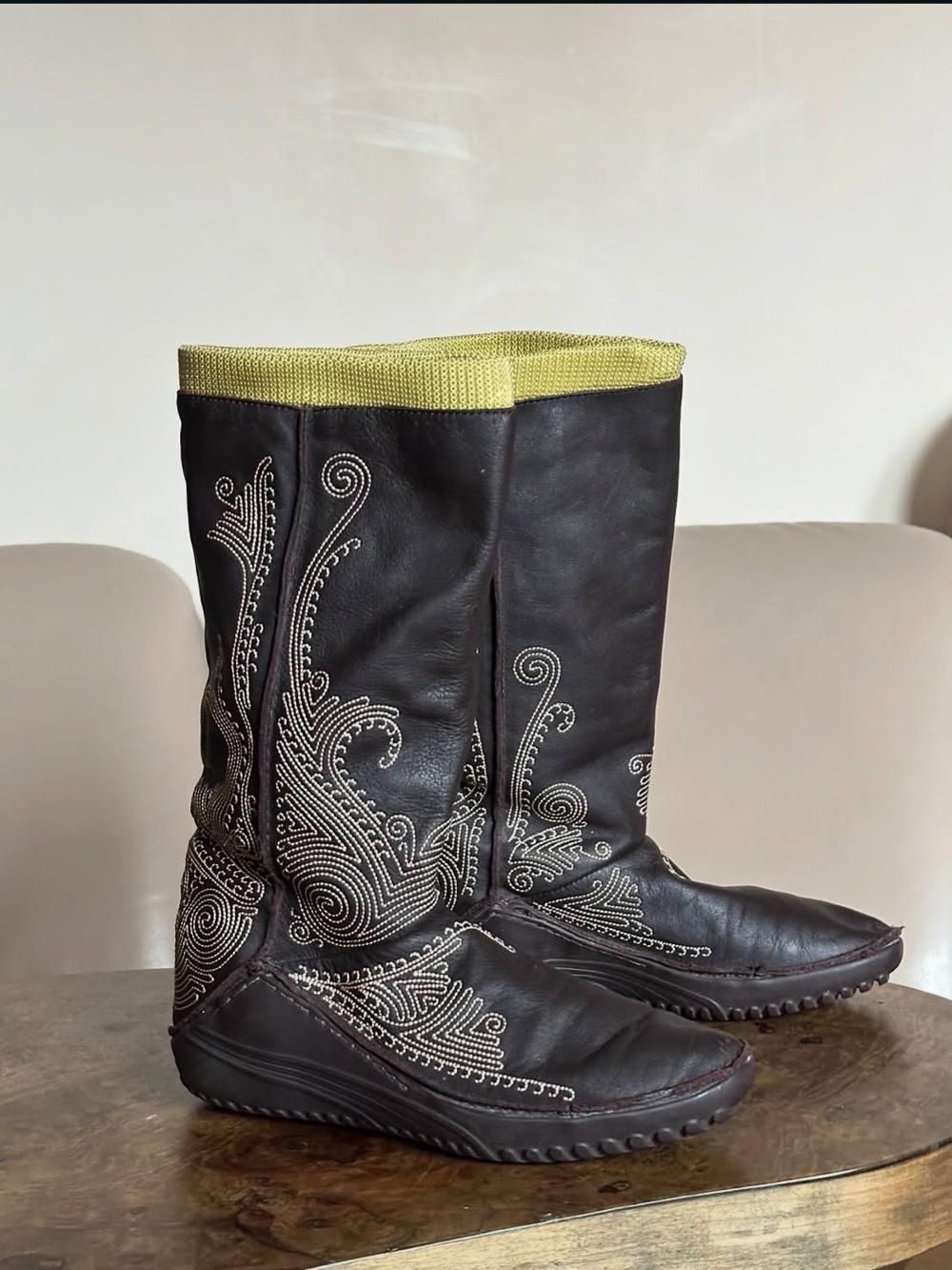 Vintage Puma Dark Brown Embroidered Leather Mid-Calf Boots with Olive Trim